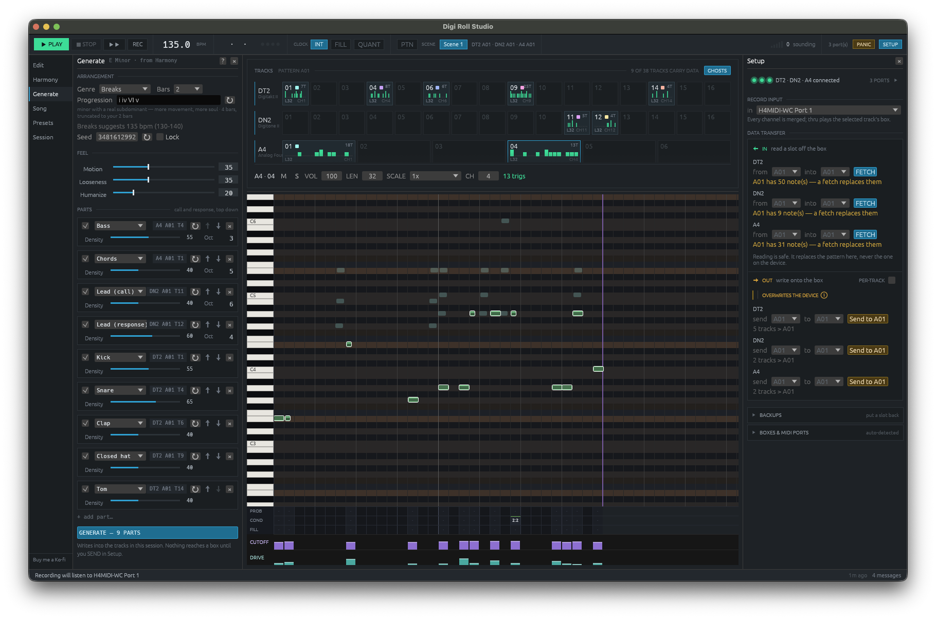 Digi-Roll Studio: the Generate panel on the left with nine breaks parts — bass, chords, call and response leads, kick, snare, clap, hat, tom — spread across a Digitakt II, a Digitone II and an Analog Four, 9 of those 38 tracks carrying data, a piano roll with the trig and p-lock lanes under it, and the Setup panel on the right offering a fetch and a send for each of the three boxes.